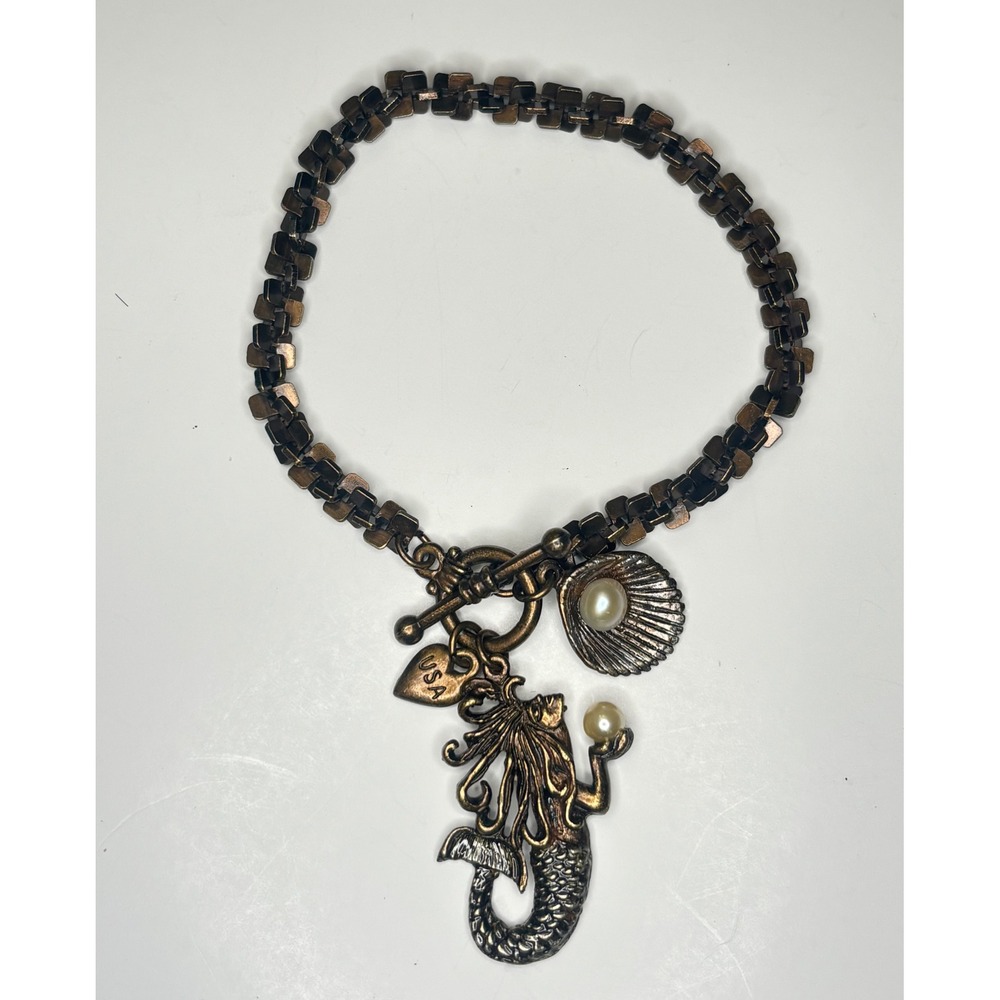 Vintage Mermaid Charm Bracelet Bronze Faux Pearl Shell USA Heart Toggle